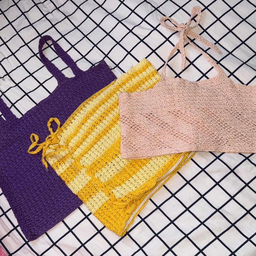 Yellow/Cream/Purple Striped Crossed Pattern Crochet Crop Tops